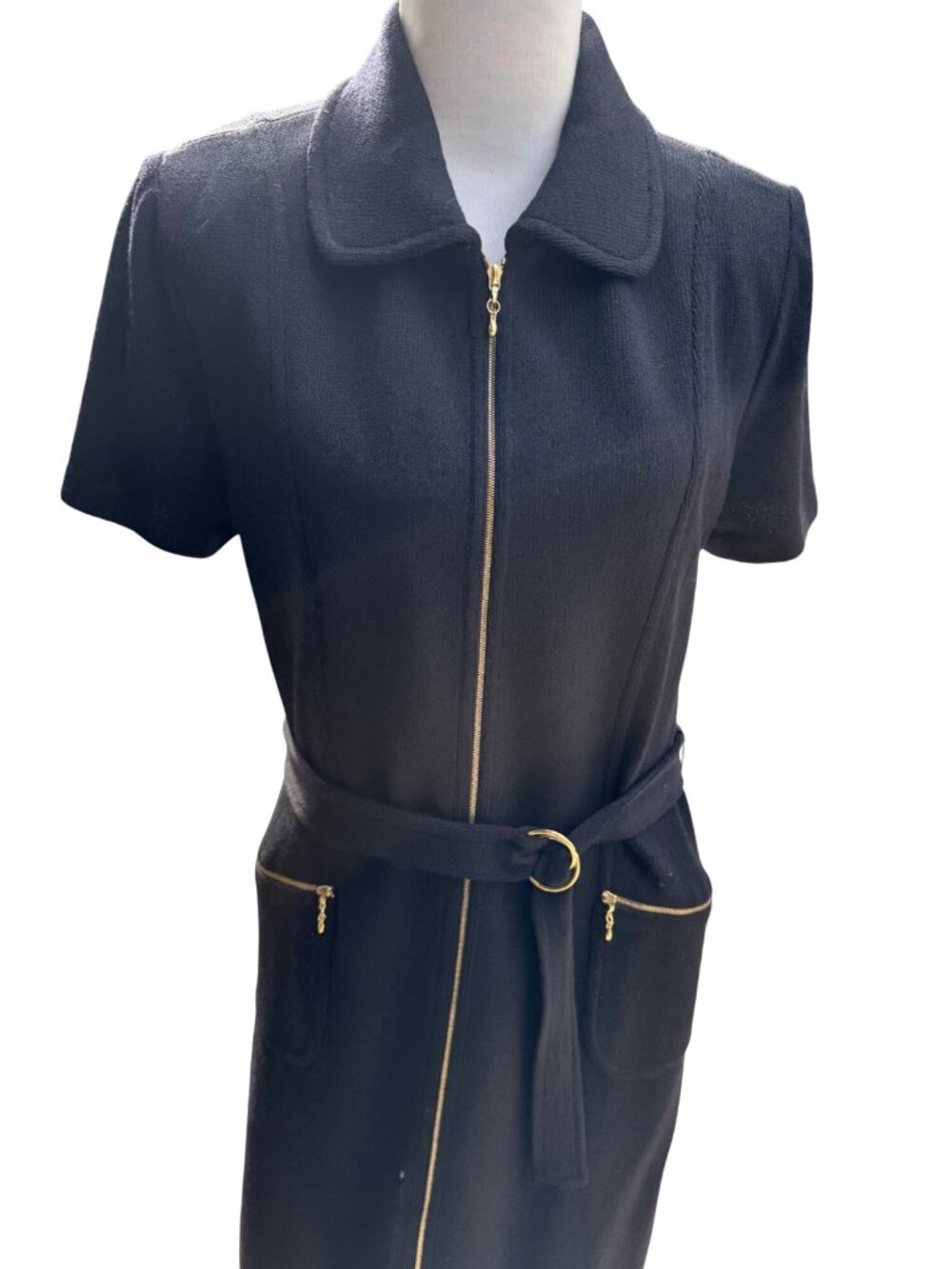 St John Collection Dress Women 12 Black Knit Belted Gold Zip Pockets USA - Picture 2 of 8